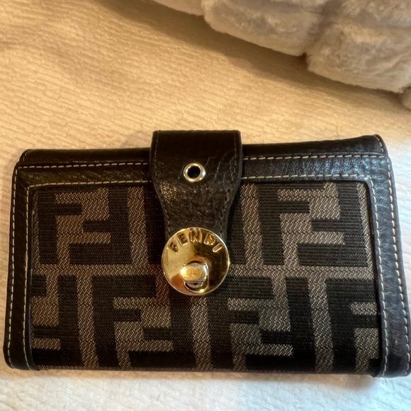Fendi Handbags - Fendi Black & Brown FF Logo Snap Wallet with Gold Hardware